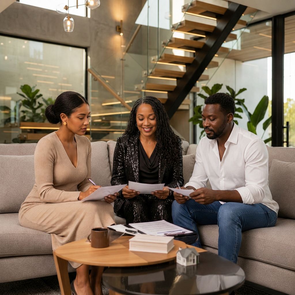 Dana reviewing selling paperwork with a couple on a sofa in a modern California home