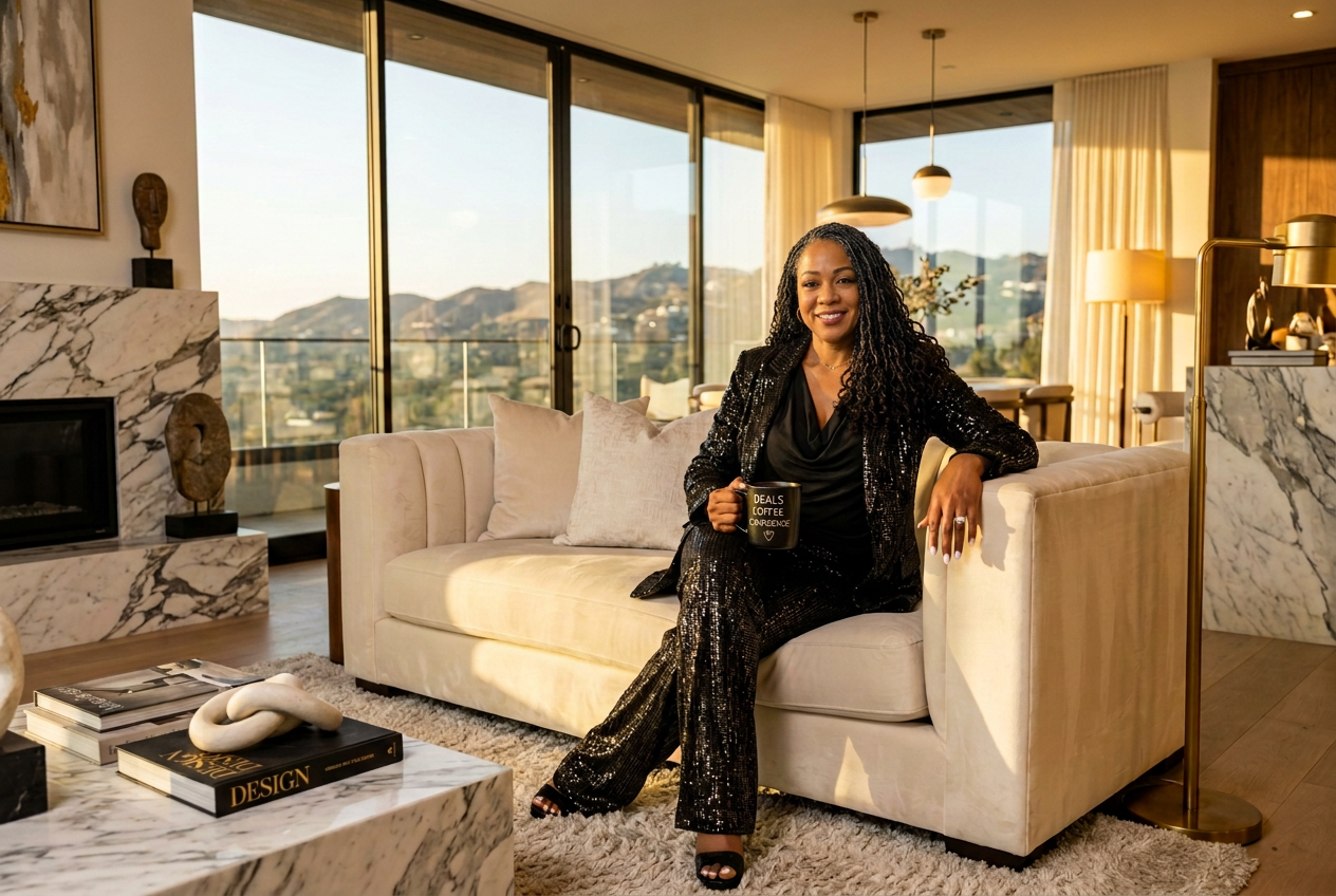 Dana of Dana Sells California seated on a luxury sofa in a California designer living room