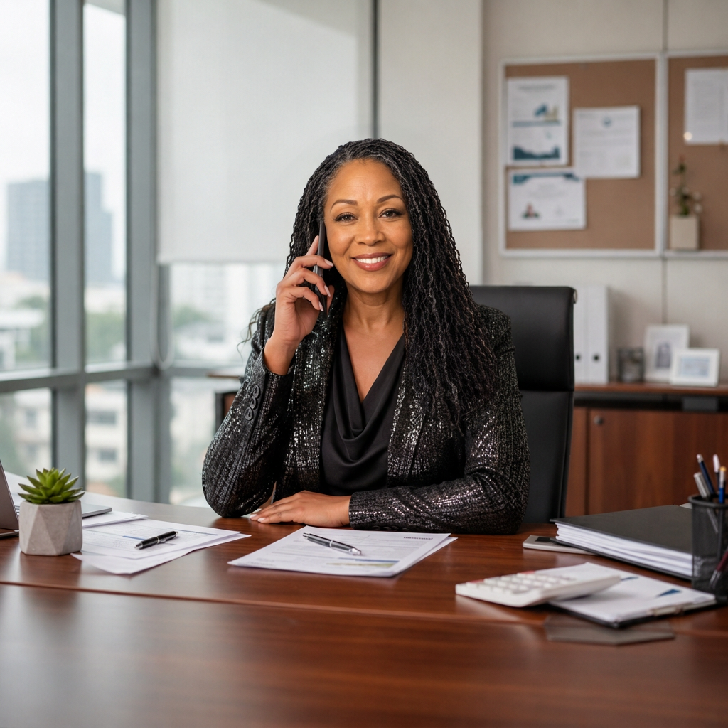 Dana Moody at her California real estate office desk taking a client call